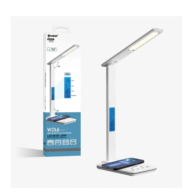 XPower 15W Wireless Charging LED Desk Lamp With Clock - White - Tashqila XPower 15W Wireless Charging LED Desk Lamp With Clock - White - Tashqila